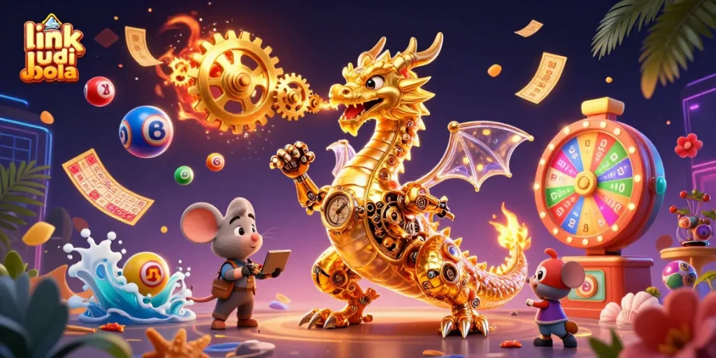 Win big with link judi bola, featuring dynamic lottery elements and a golden dragon ready to bet!