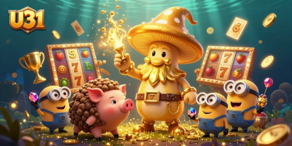 Engage with U31's thrilling slots experience, personified by a golden wizard amid magical treasures and action-packed visuals.