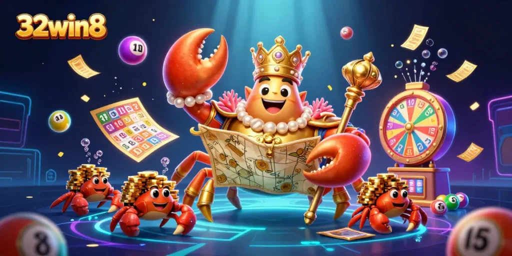 Engage in thrilling games at 32win8, showcasing a golden crab emperor in a vibrant casino scene.