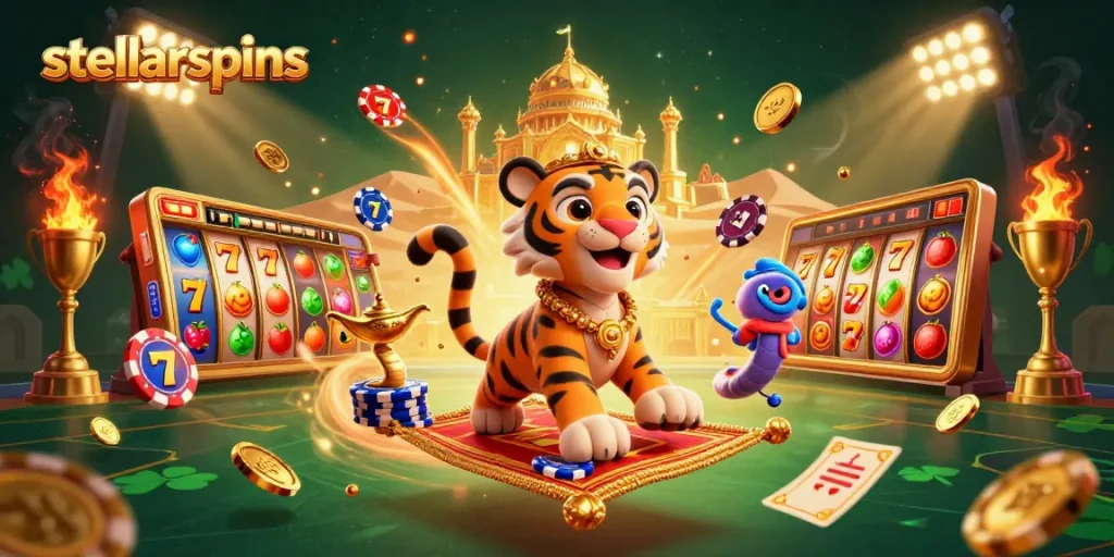 Experience thrilling jackpots with stellarspins in this vibrant 3D casino scene.
